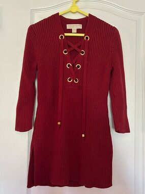 Michael Kors Wine Ribbed Lace-Up Knit Sweater